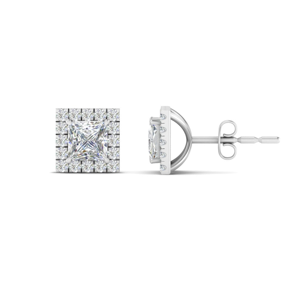 Square Cut Halo Lab Diamond Stud Earring For Women In 14K White Gold | Cuts & Carat