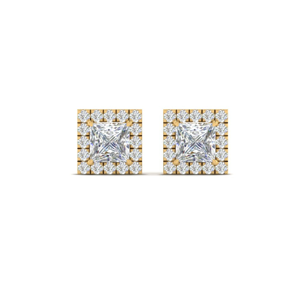 Square Cut Halo Lab Diamond Stud Earring For Women In 14K Yellow Gold | Cuts & Carat