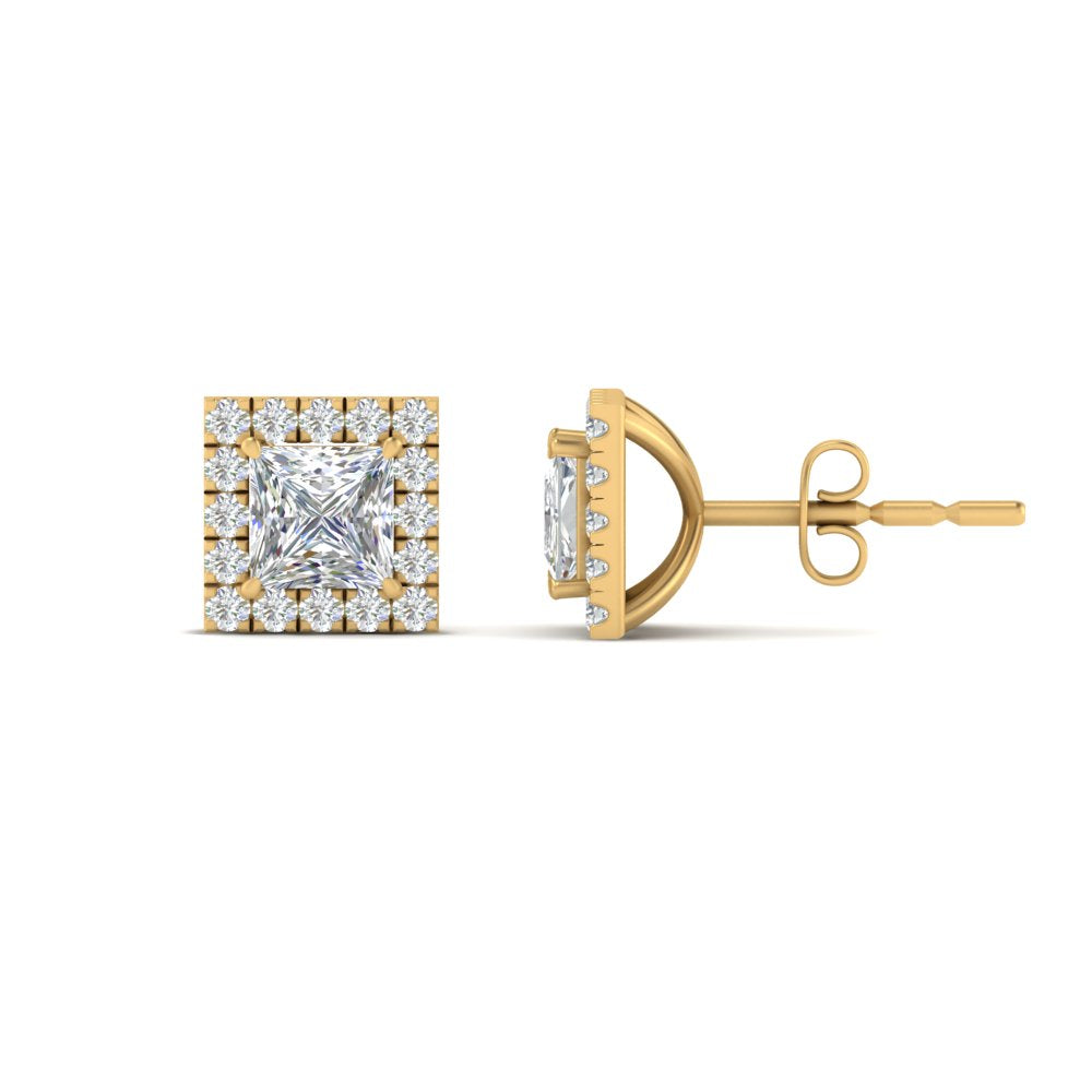 Square Cut Halo Lab Diamond Stud Earring For Women In 14K Yellow Gold | Cuts & Carat