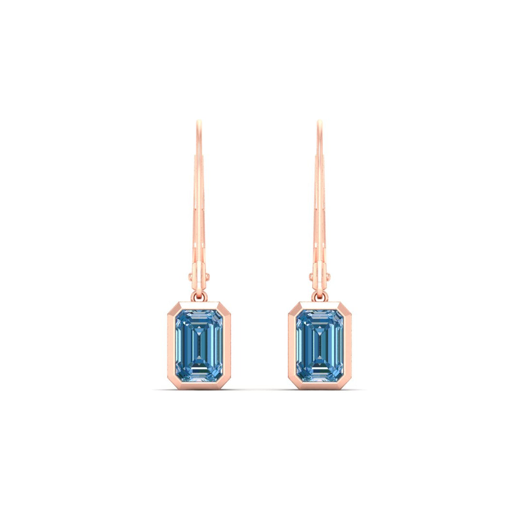 Blue Diamond Lab Grown Bezel Set Leverback Emerald Drop Earrings