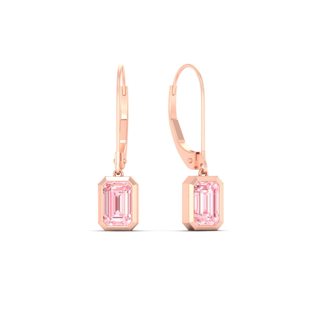 Lab Grown Vivid Pink Bezel Set Leverback Emerald Cut Solitaire Earrings
