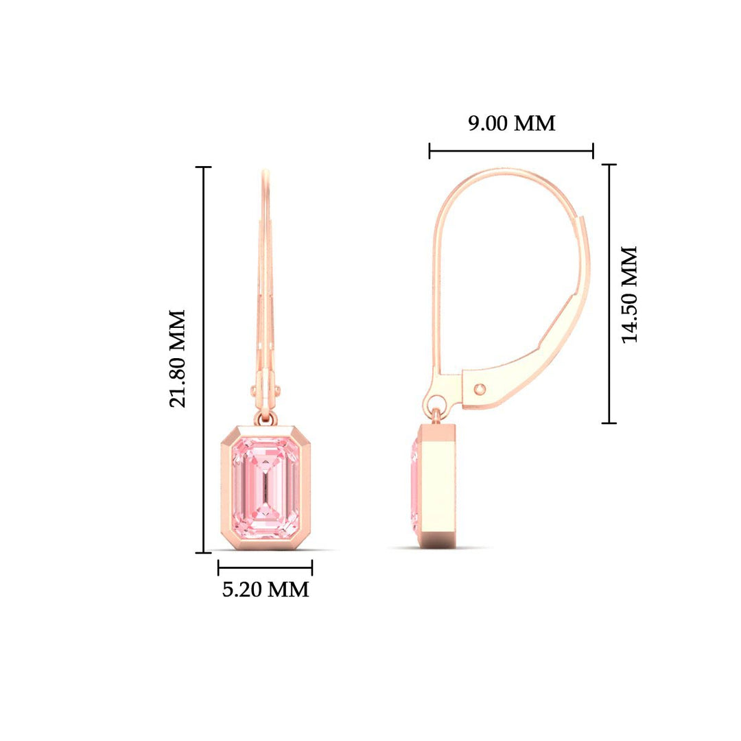 Lab Grown Vivid Pink Bezel Set Leverback Emerald Cut Solitaire Earrings