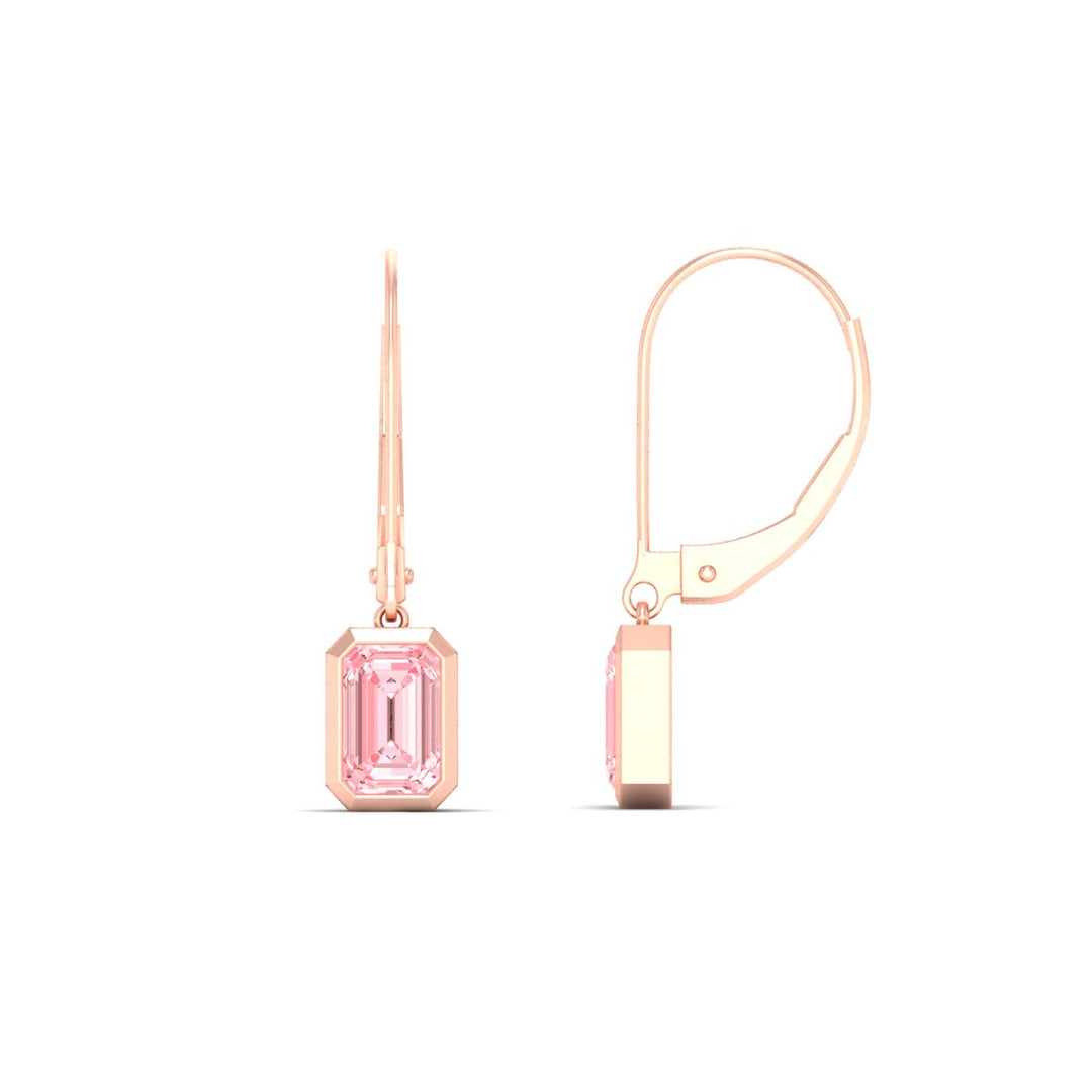 Lab Grown Vivid Pink Bezel Set Leverback Emerald Cut Solitaire Earrings