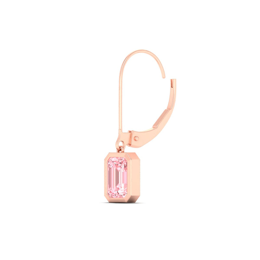 Lab Grown Vivid Pink Bezel Set Leverback Emerald Cut Solitaire Earrings