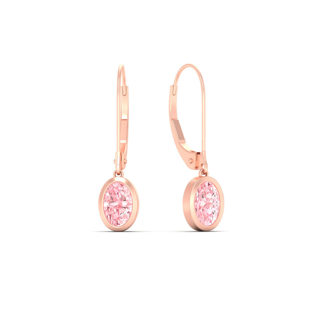 Pink Lab Grown Bezel Set Leverback Oval Shaped Solitaire Earrings