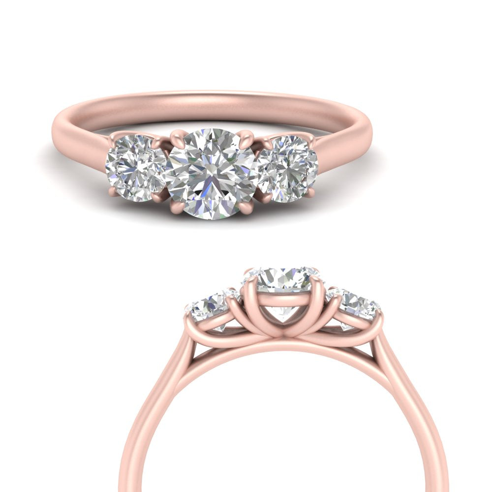 1 Carat Lab Grown Diamond 3 Stone Engagement Ring 14K Rose Gold