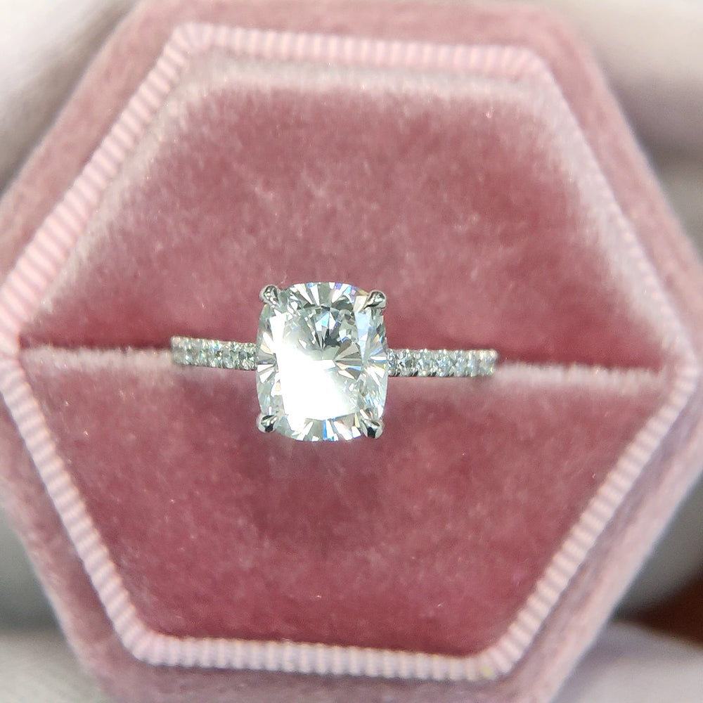 Cushion Cut Lab diamond Side Stone Engagement Rings 14K White Gold