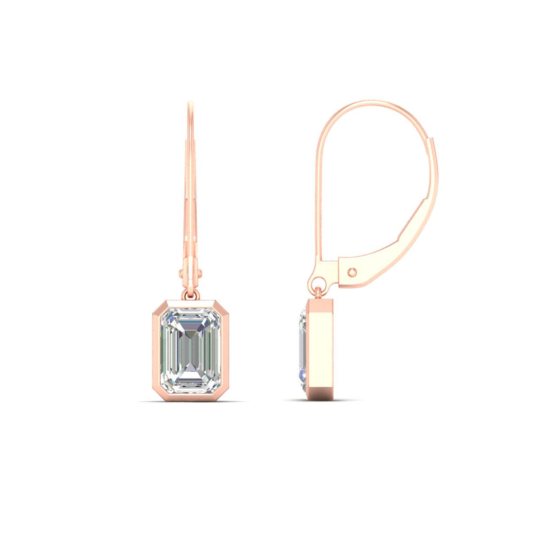 Bezel Set Lab Grown Diamond Leverback Emerald Cut Solitaire Earrings