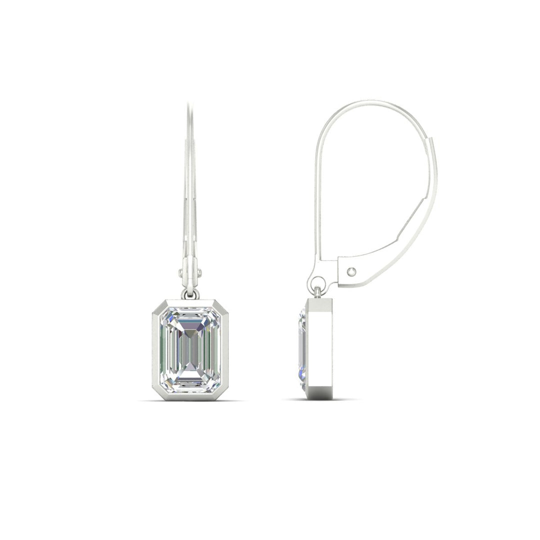Bezel Set Lab Grown Diamond Leverback Emerald Cut Solitaire Earrings