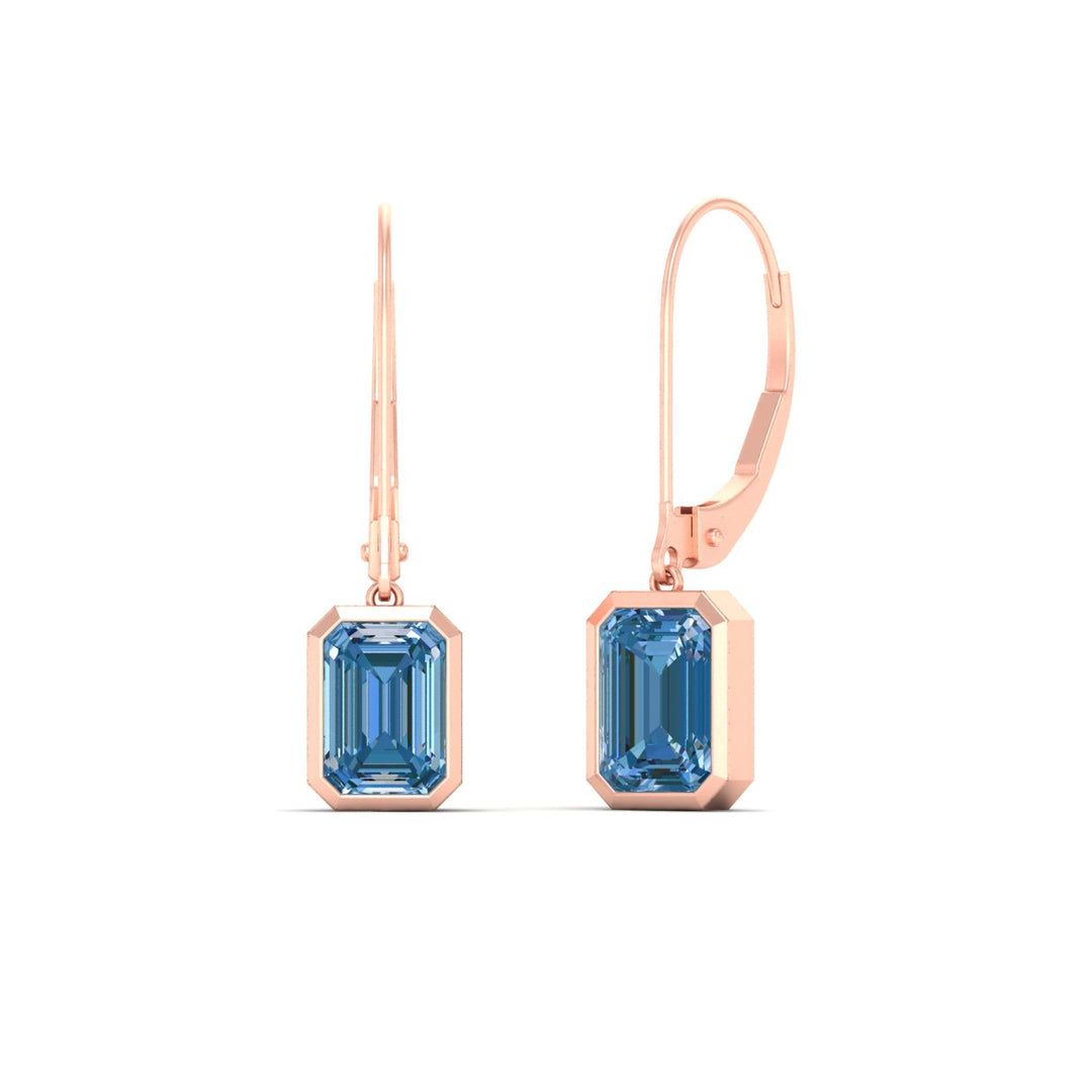 Blue Diamond Lab Grown Bezel Set Leverback Emerald Drop Earrings