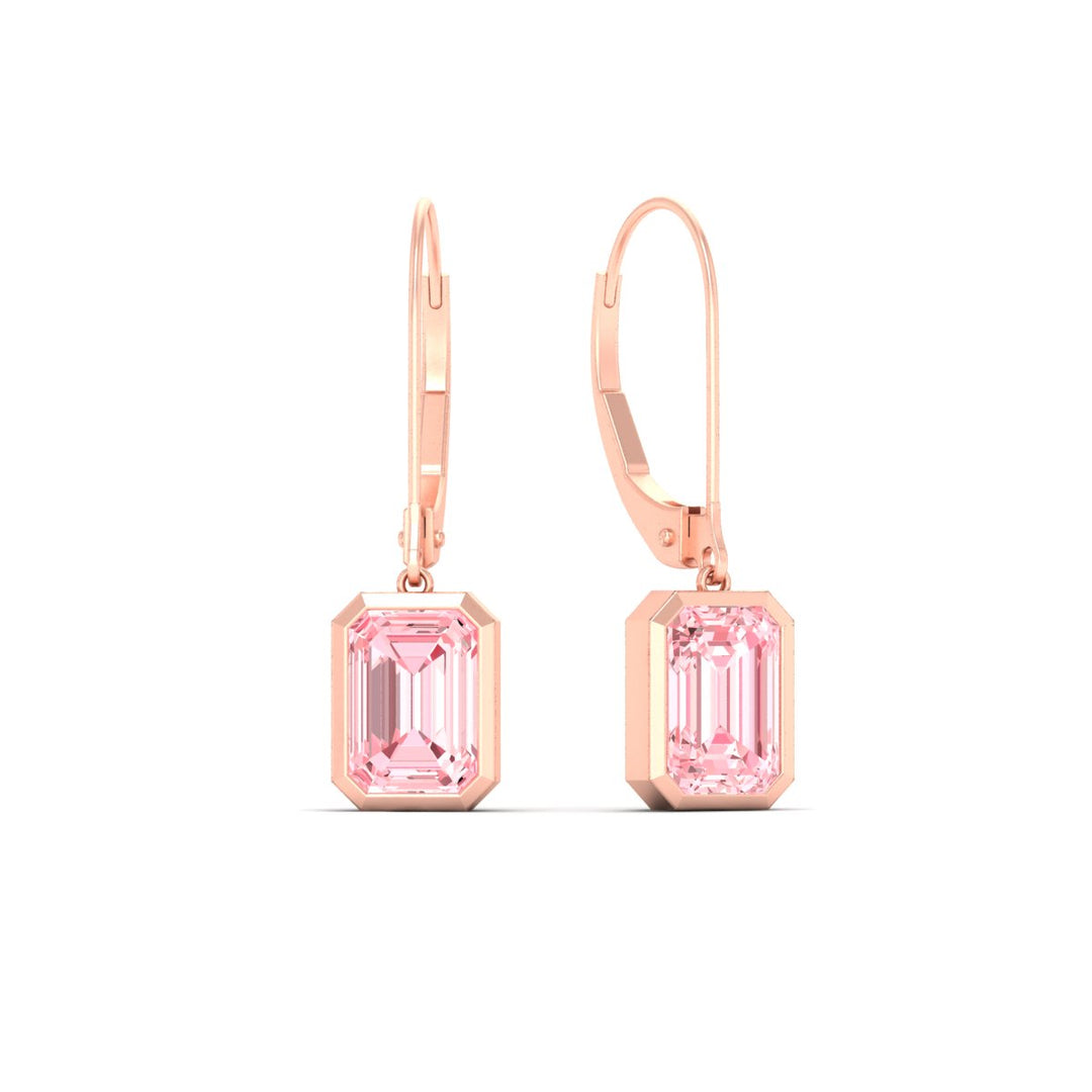 Lab Grown Vivid Pink Bezel Set Leverback Emerald Cut Solitaire Earrings