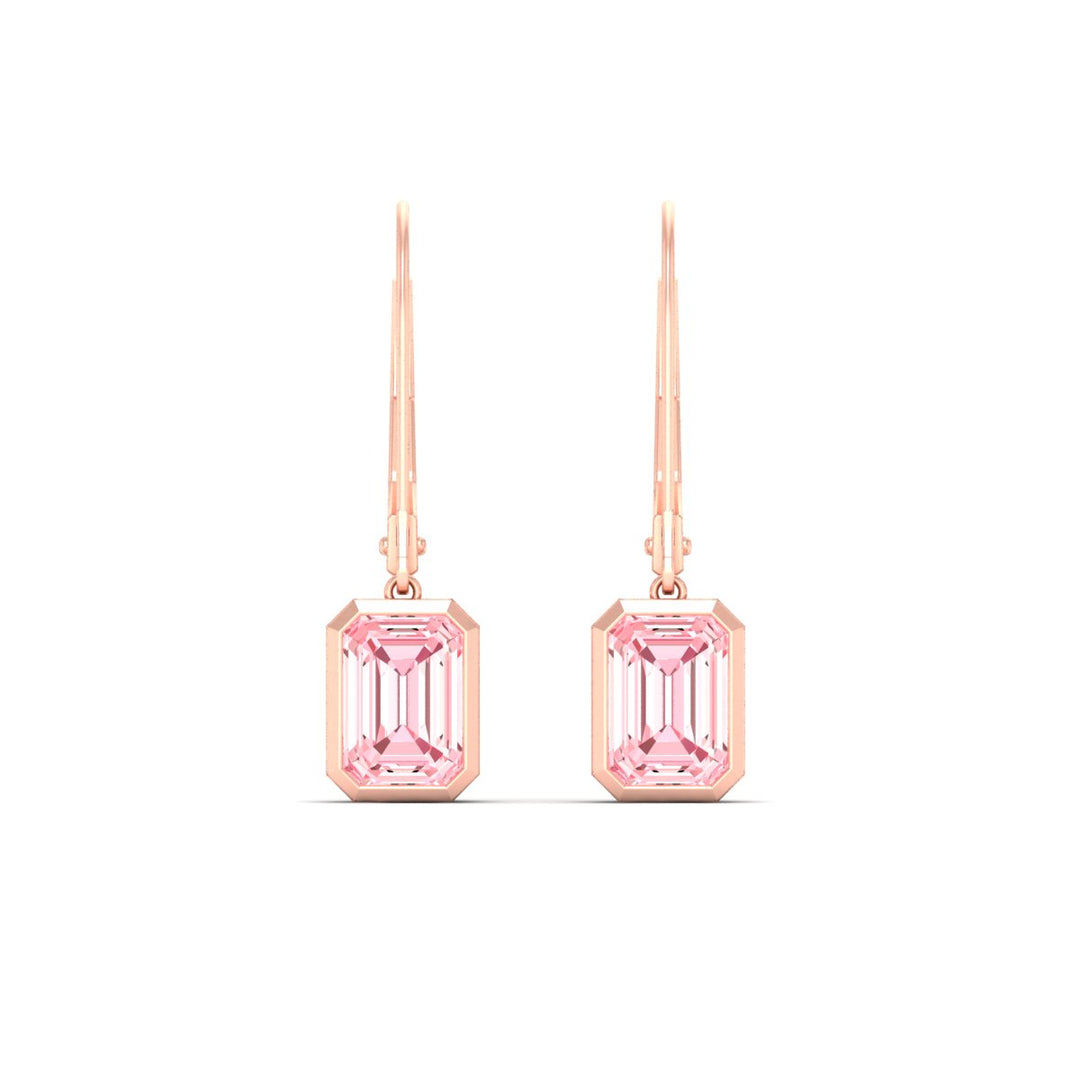 Lab Grown Vivid Pink Bezel Set Leverback Emerald Cut Solitaire Earrings