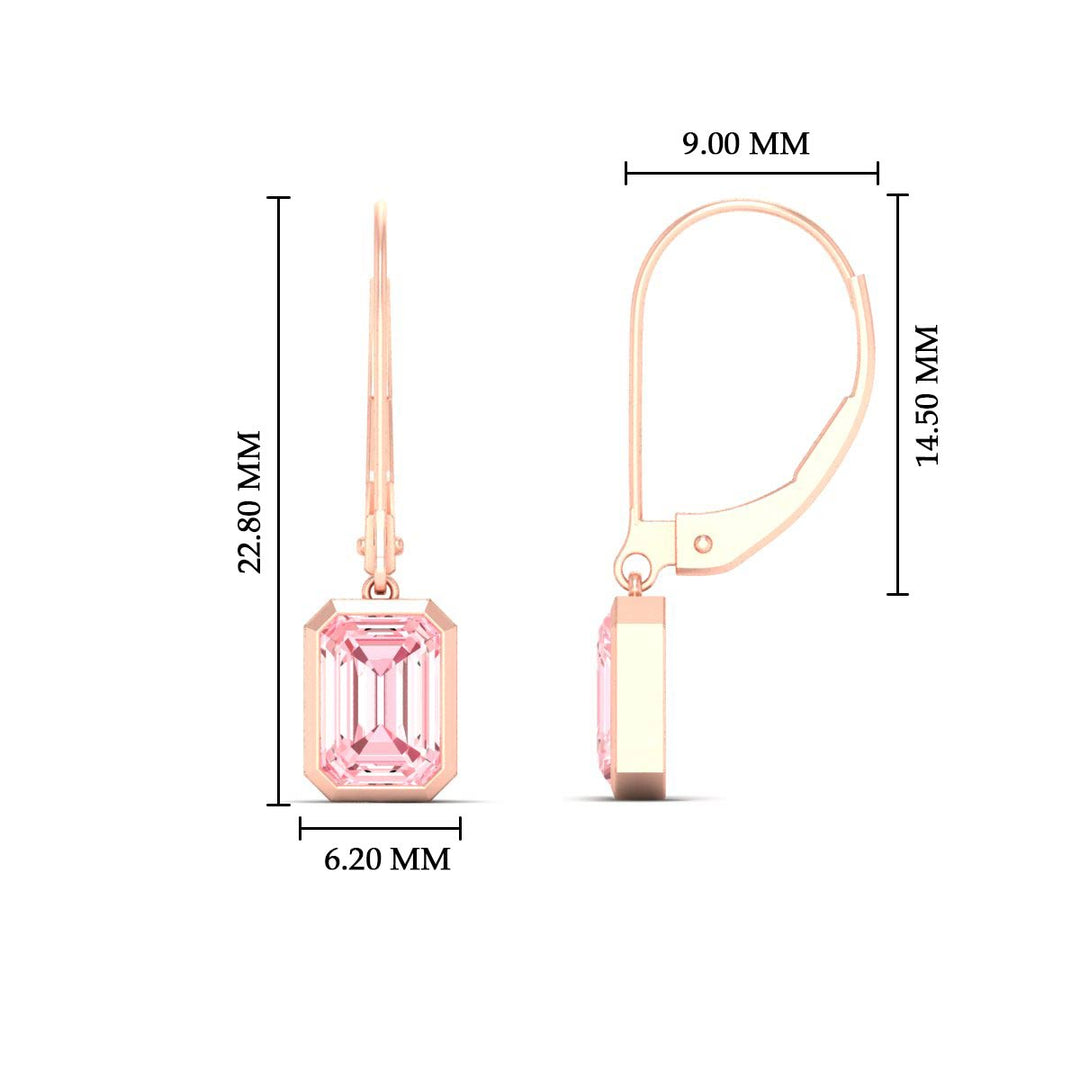 Lab Grown Vivid Pink Bezel Set Leverback Emerald Cut Solitaire Earrings