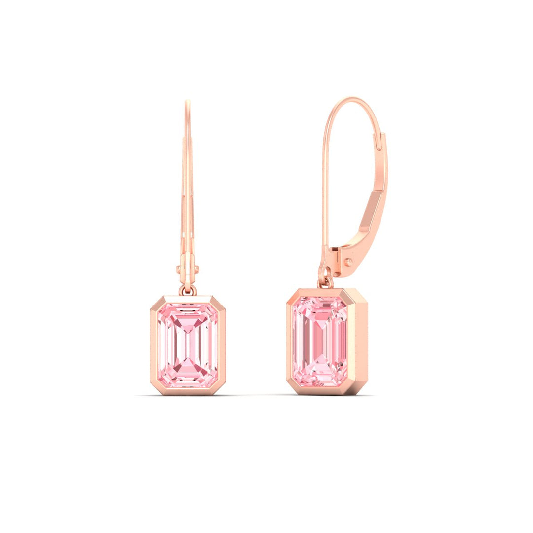 Lab Grown Vivid Pink Bezel Set Leverback Emerald Cut Solitaire Earrings