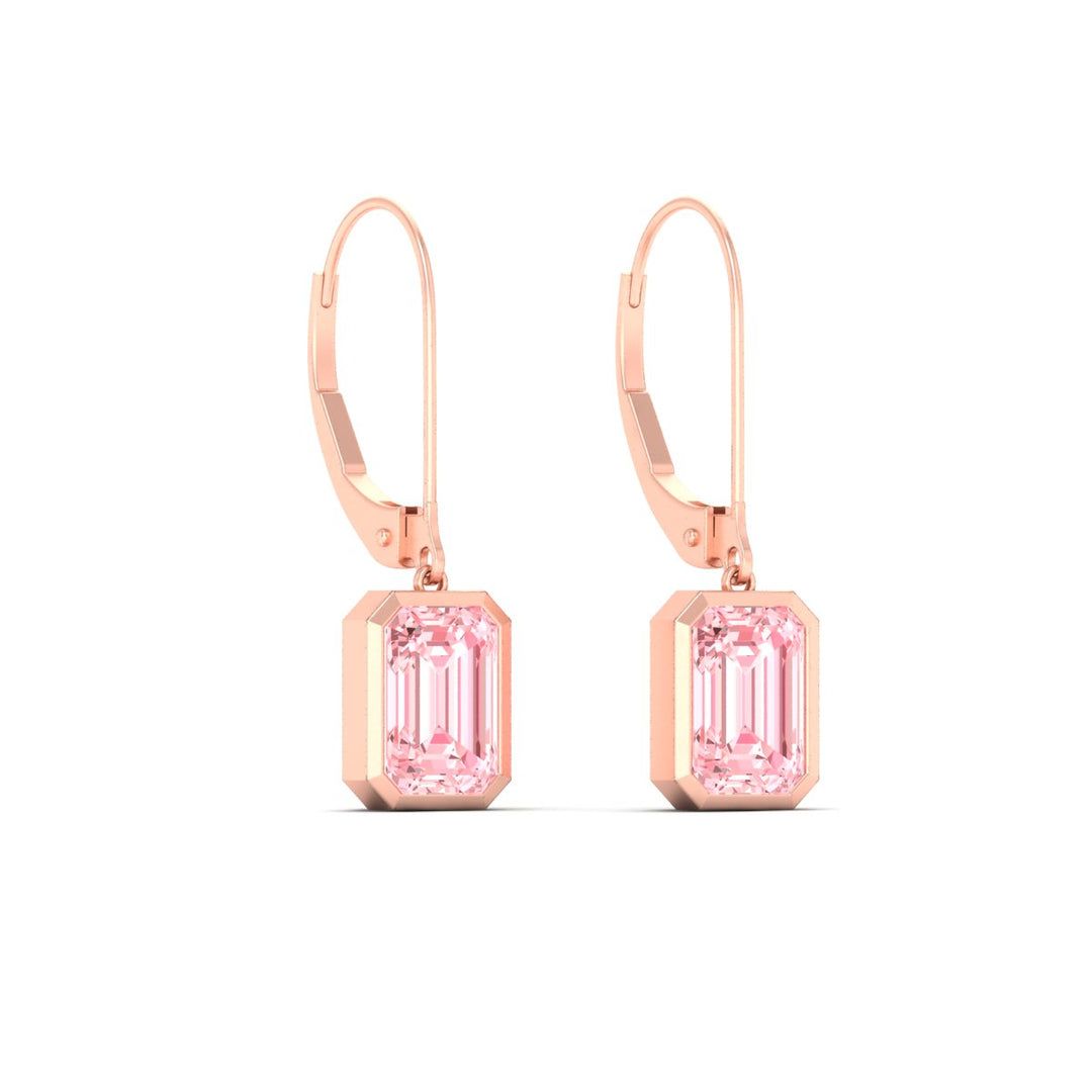 Lab Grown Vivid Pink Bezel Set Leverback Emerald Cut Solitaire Earrings