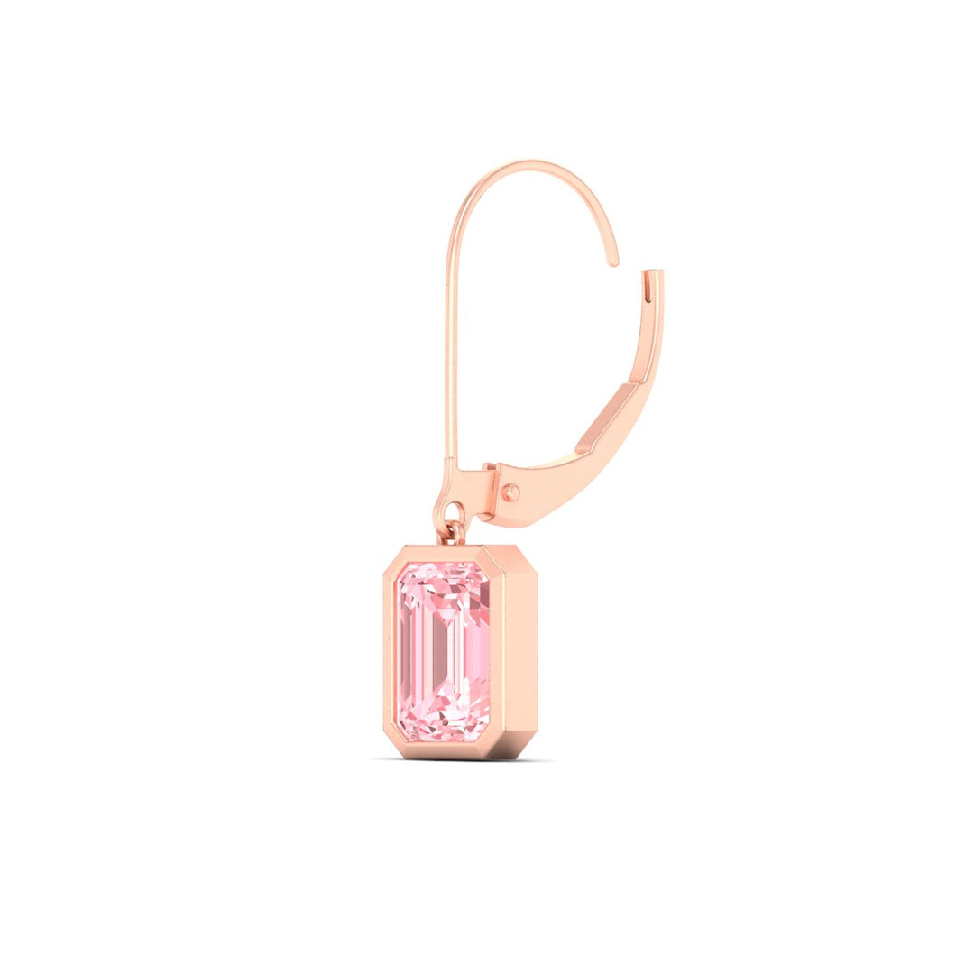 Lab Grown Vivid Pink Bezel Set Leverback Emerald Cut Solitaire Earrings