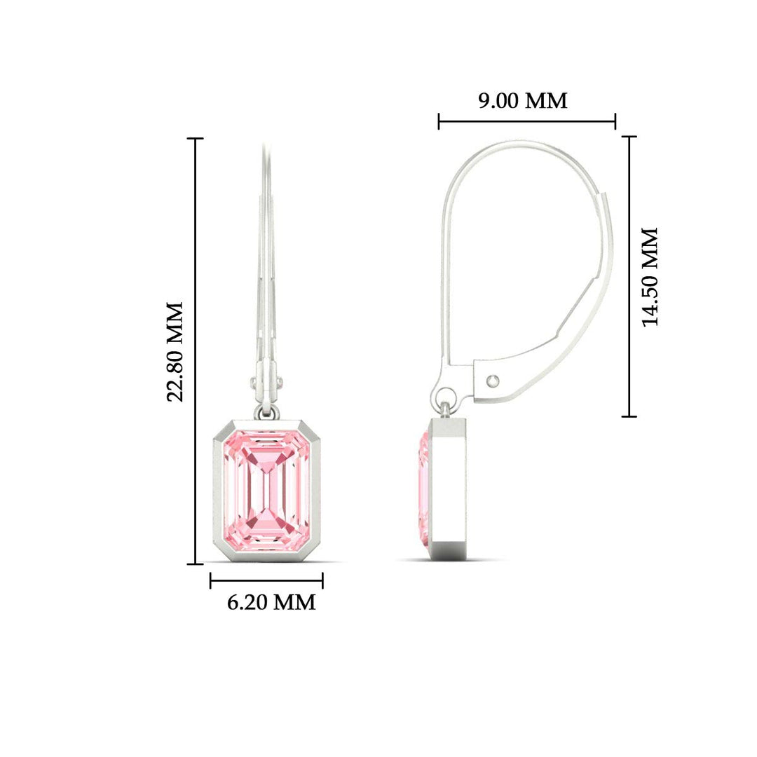 Lab Grown Vivid Pink Bezel Set Leverback Emerald Cut Solitaire Earrings