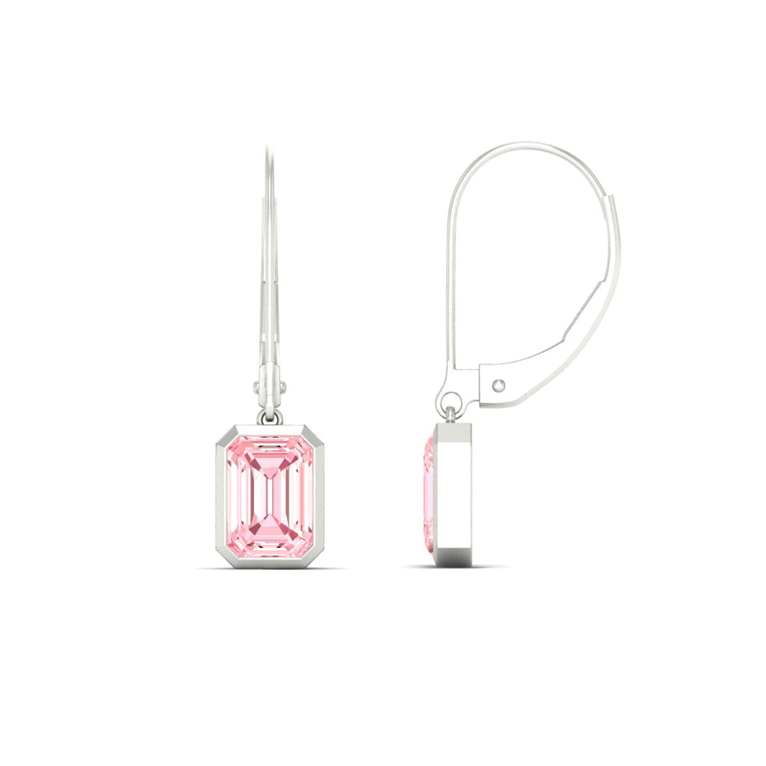 Lab Grown Vivid Pink Bezel Set Leverback Emerald Cut Solitaire Earrings