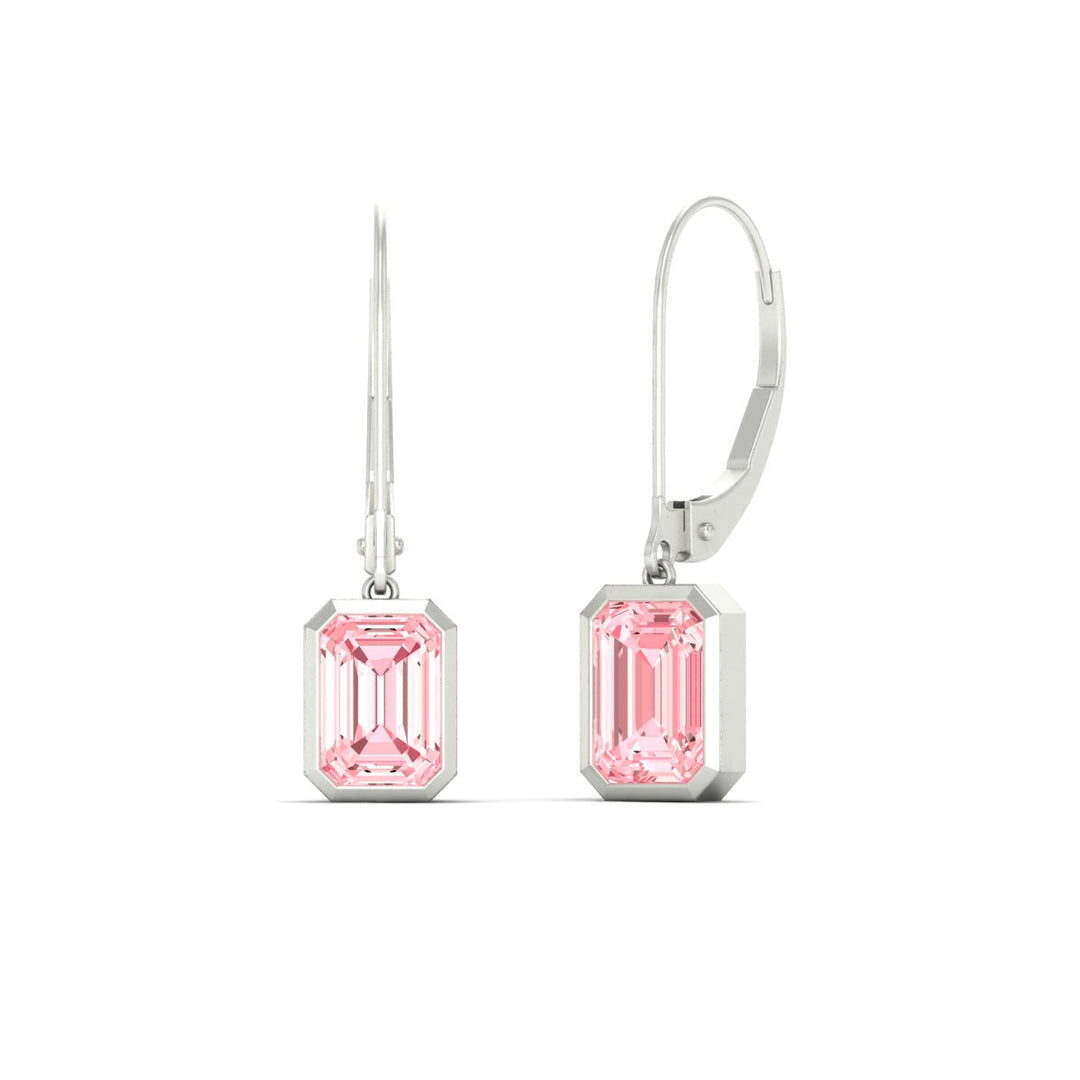 Lab Grown Vivid Pink Bezel Set Leverback Emerald Cut Solitaire Earrings