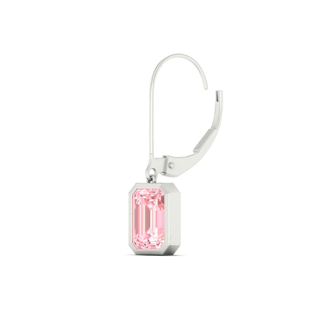 Lab Grown Vivid Pink Bezel Set Leverback Emerald Cut Solitaire Earrings