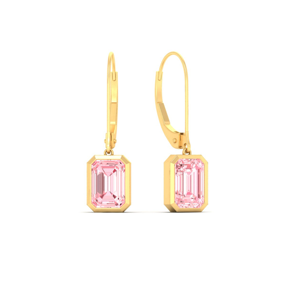 Lab Grown Vivid Pink Bezel Set Leverback Emerald Cut Solitaire Earrings