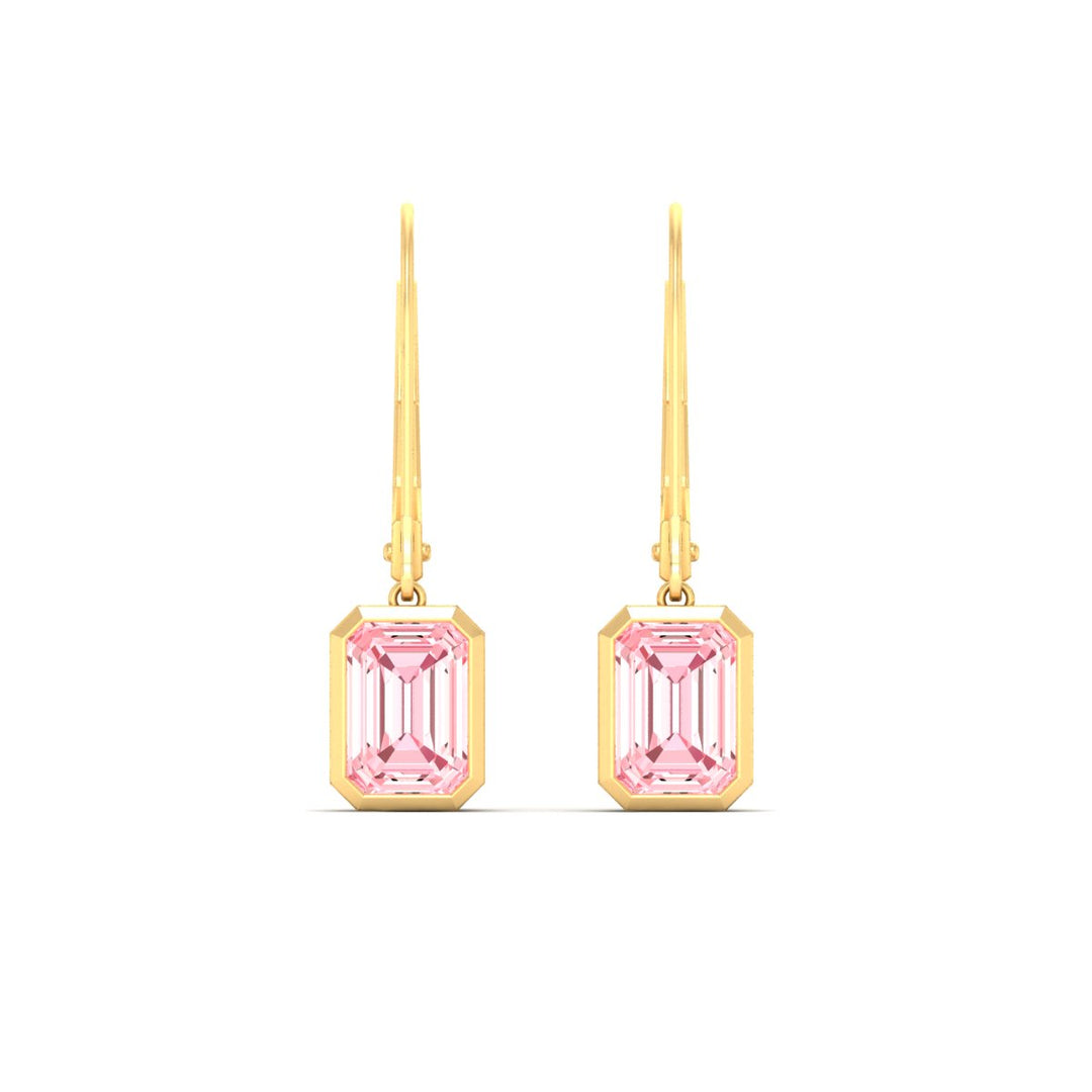Lab Grown Vivid Pink Bezel Set Leverback Emerald Cut Solitaire Earrings