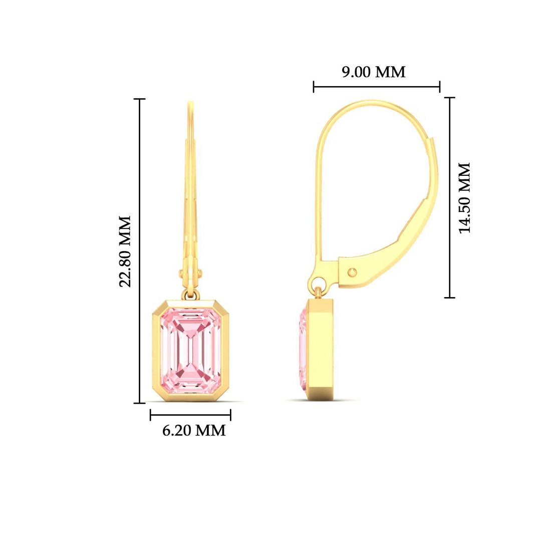 Lab Grown Vivid Pink Bezel Set Leverback Emerald Cut Solitaire Earrings