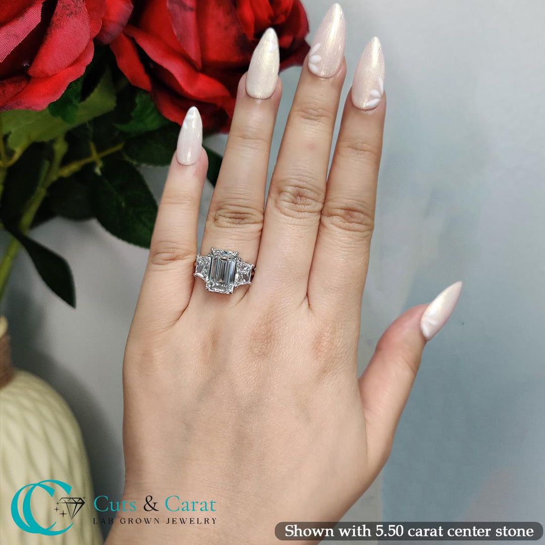 Fancy Color Lab Emerald Cut 3 Stone Engagement Ring