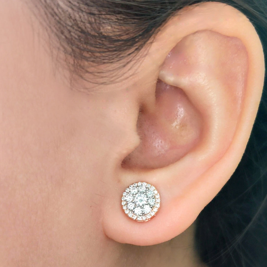 Beautiful Lab Diamond Cluster Circle 2 Tone Stud Earrings For Women In 14K Rose Gold | Cuts & Carat