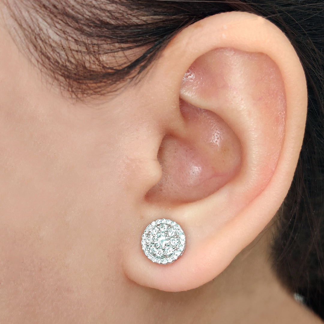 Beautiful Lab Diamond Cluster Circle 2 Tone Stud Earrings For Women In 14K White Gold | Cuts & Carat