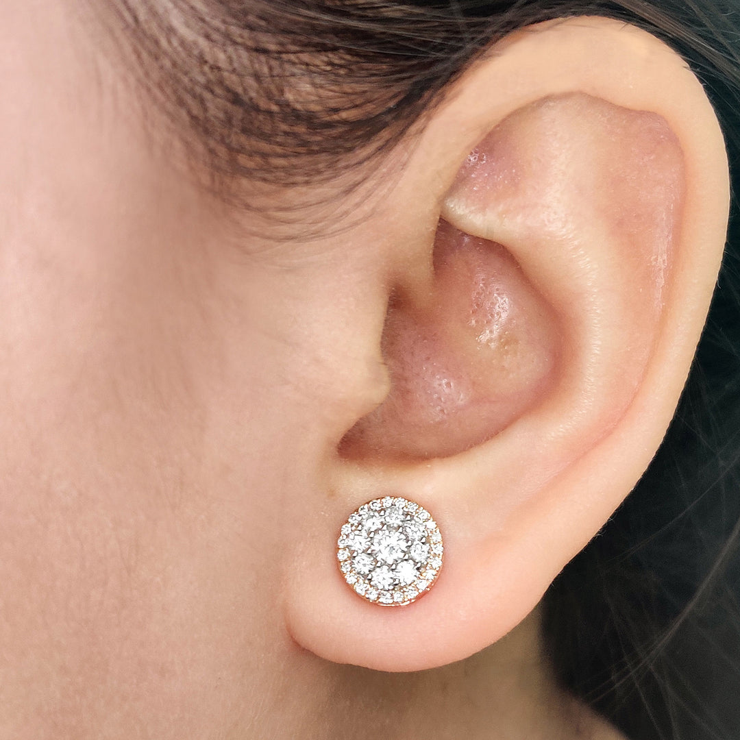 Beautiful Lab Diamond Cluster Circle 2 Tone Stud Earrings For Women In 14K Yellow Gold | Cuts & Carat