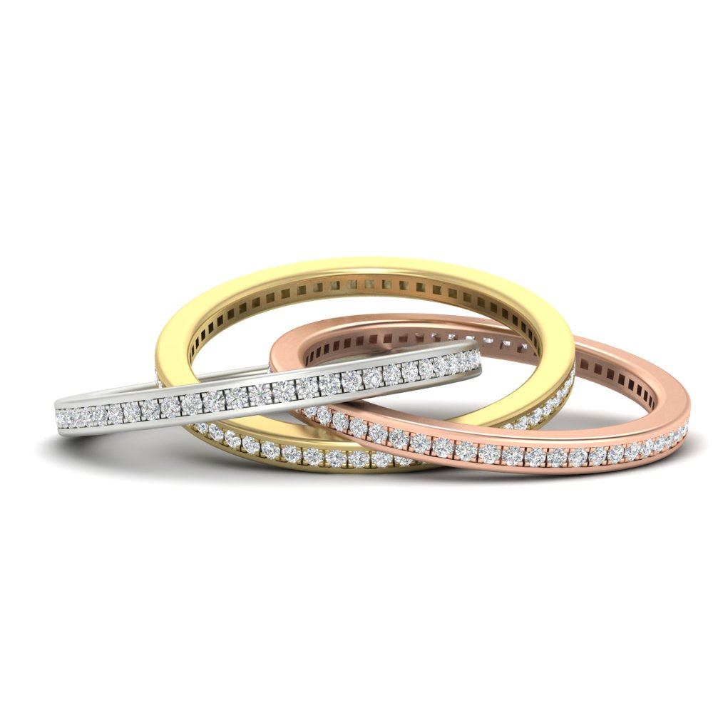 Tri Color Pave 0.90 Ct. Round Diamond Interlocking Eternity Bands 14K Gold