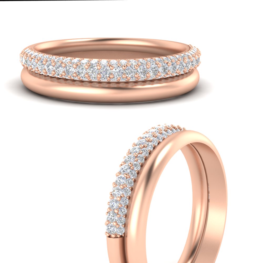 3 Row 0.53 Ct Diamond Wedding Ring with Plain Band 14K Gold