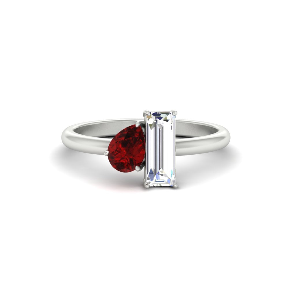 4.25 Ct. Pear And Straight Baguette Lab Diamond 2 Stone Ring 14K Gold