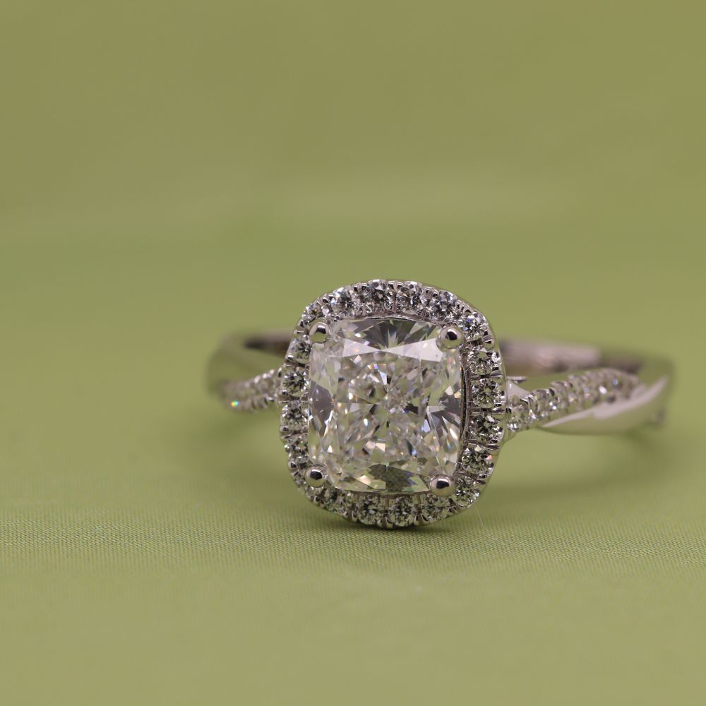 Lab Cushion Cut Diamond Halo Engagement Rings 14K White Gold