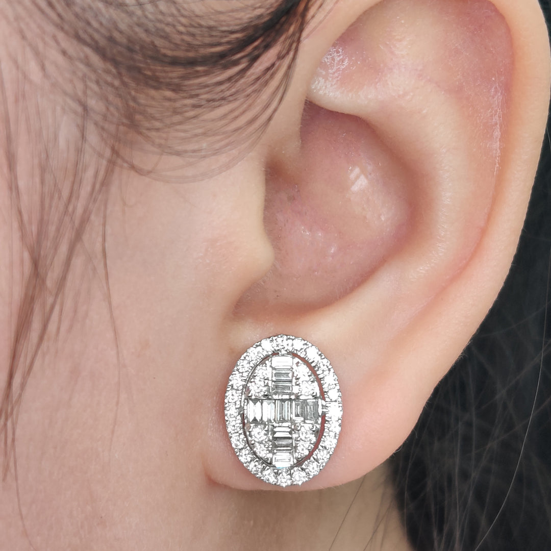 Oval Shaped Baguette Lab Diamond Stud Earrings For Women In 14K White Gold | Cuts & Carat