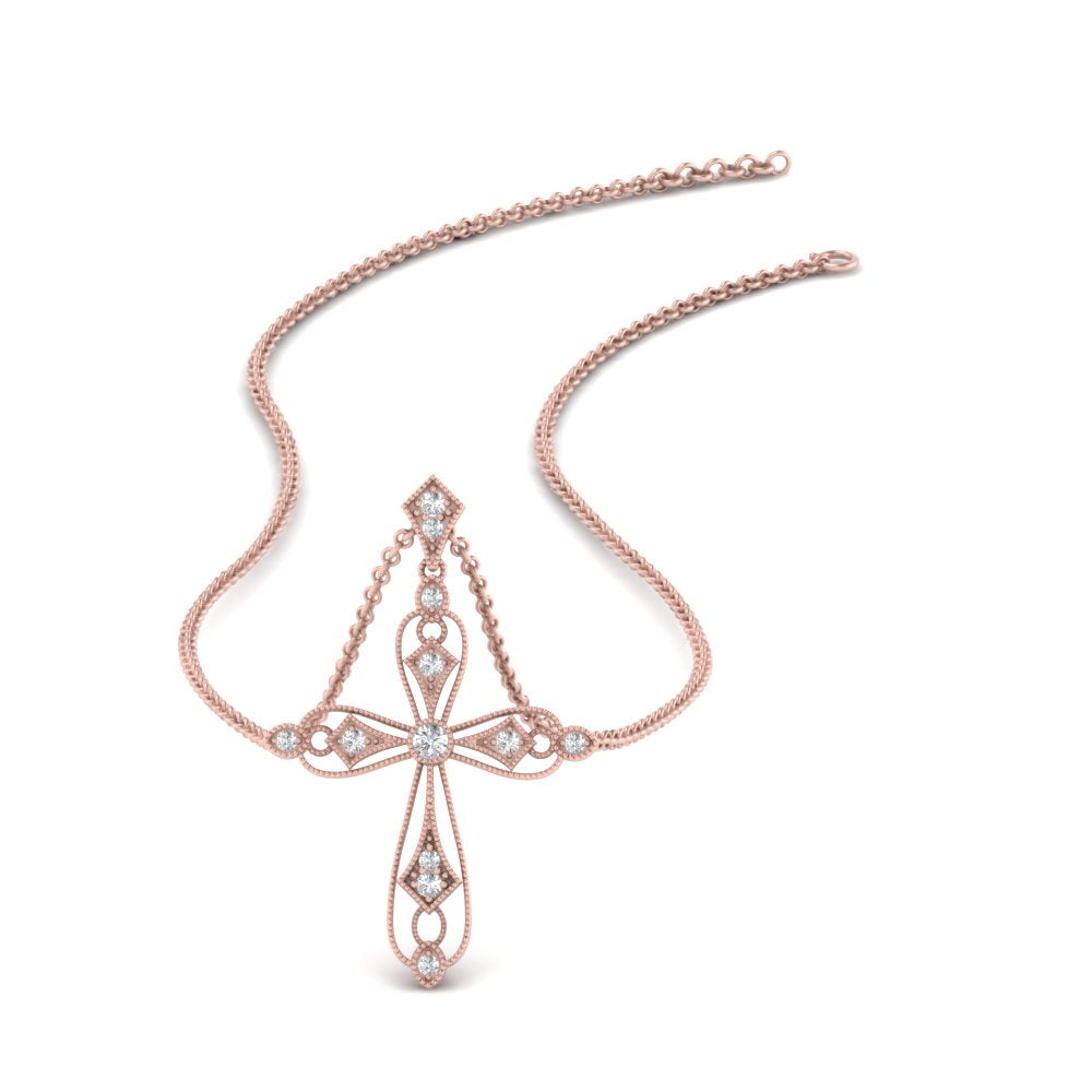 Antique Lab Diamond Cross Necklace 14K Gold