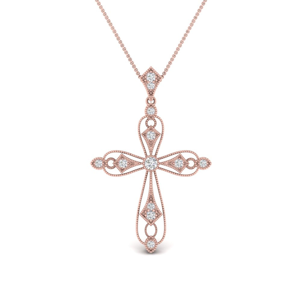 Antique Lab Diamond Cross Necklace 14K Gold