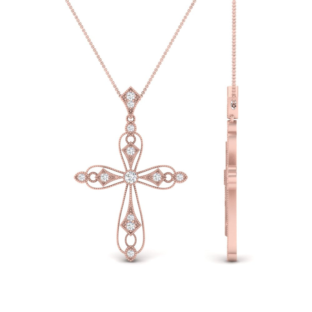 Antique Lab Diamond Cross Necklace 14K Gold