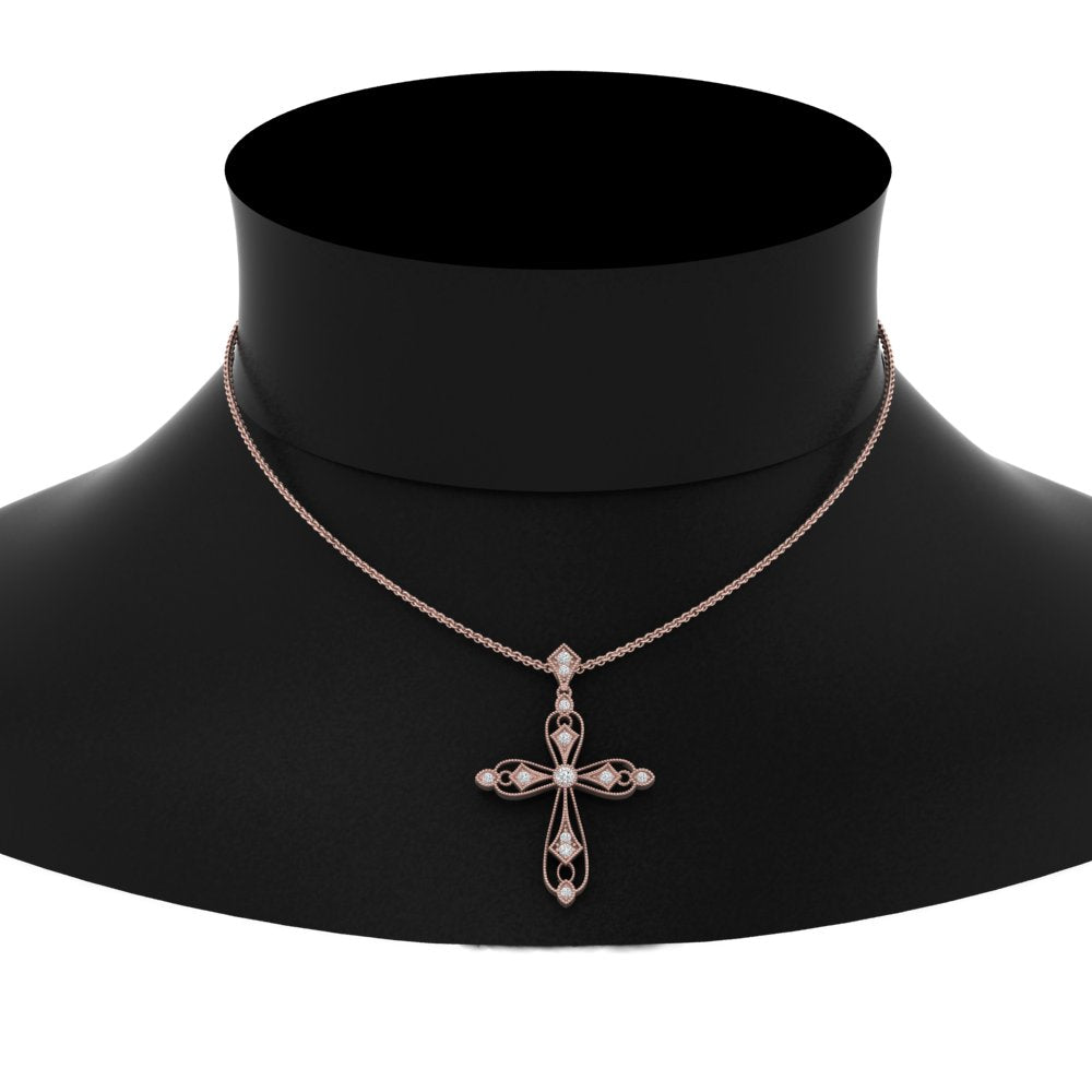 Antique Lab Diamond Cross Necklace 14K Gold