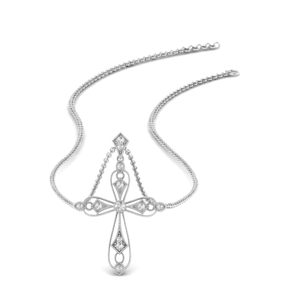 0.15 Carat lab Diamond Antique Delicate Cross Necklace For Women 14K Gold