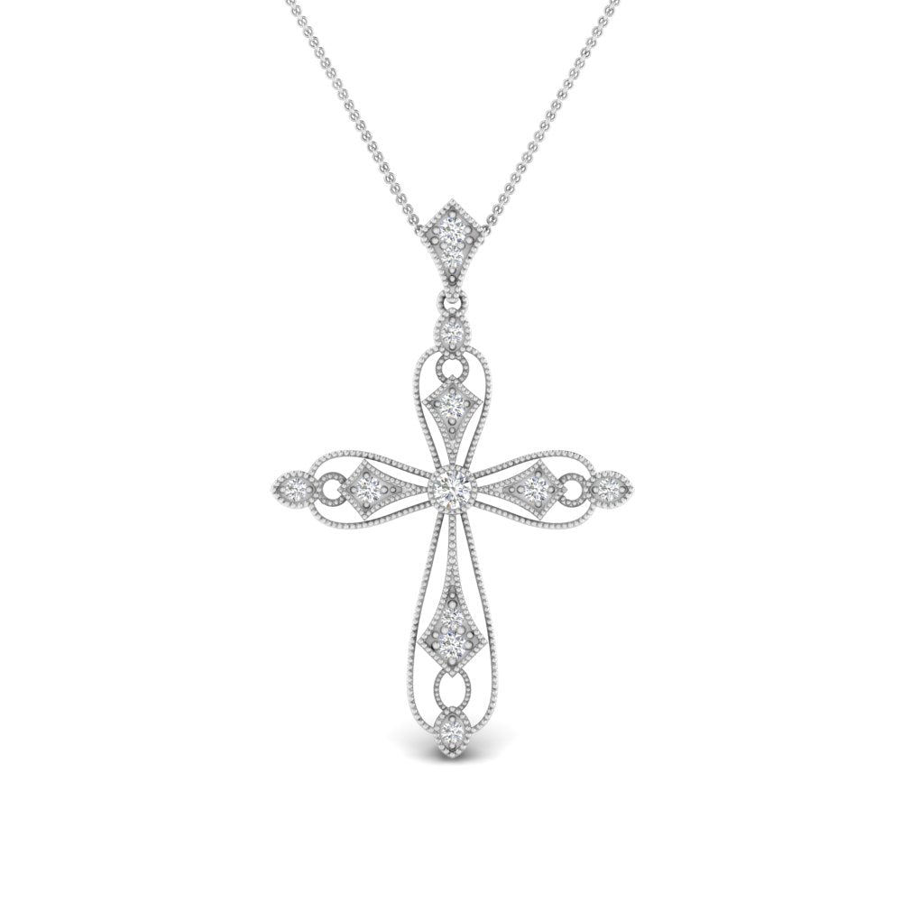 0.15 Carat lab Diamond Antique Delicate Cross Necklace For Women 14K Gold