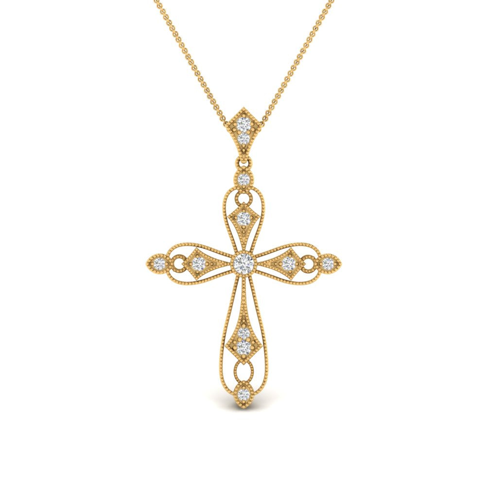 Antique Lab Diamond Cross Necklace 14K Gold
