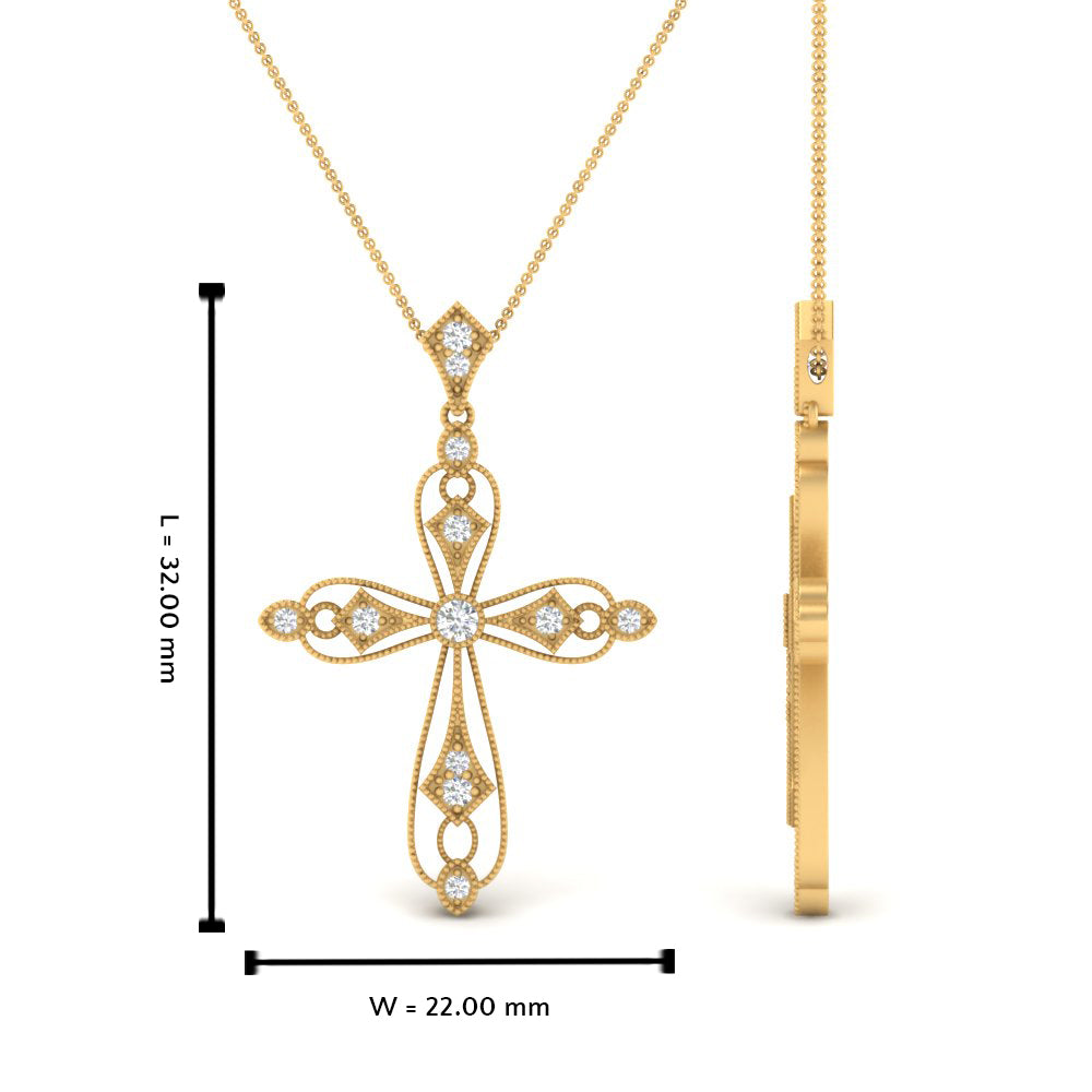 Antique Lab Diamond Cross Necklace 14K Gold