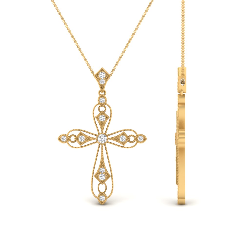 Antique Lab Diamond Cross Necklace 14K Gold