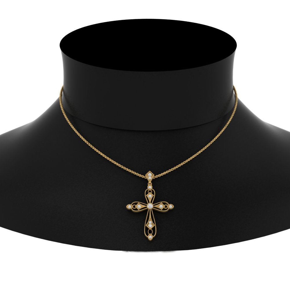 Antique Lab Diamond Cross Necklace 14K Gold