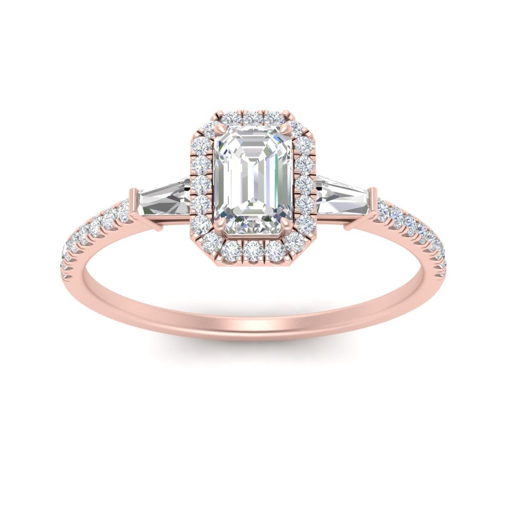 IGI Certified Halo Accented Baguette Lab Grown Diamond Women Engagement Ring In 14K Rose Gold | Cuts & Carat