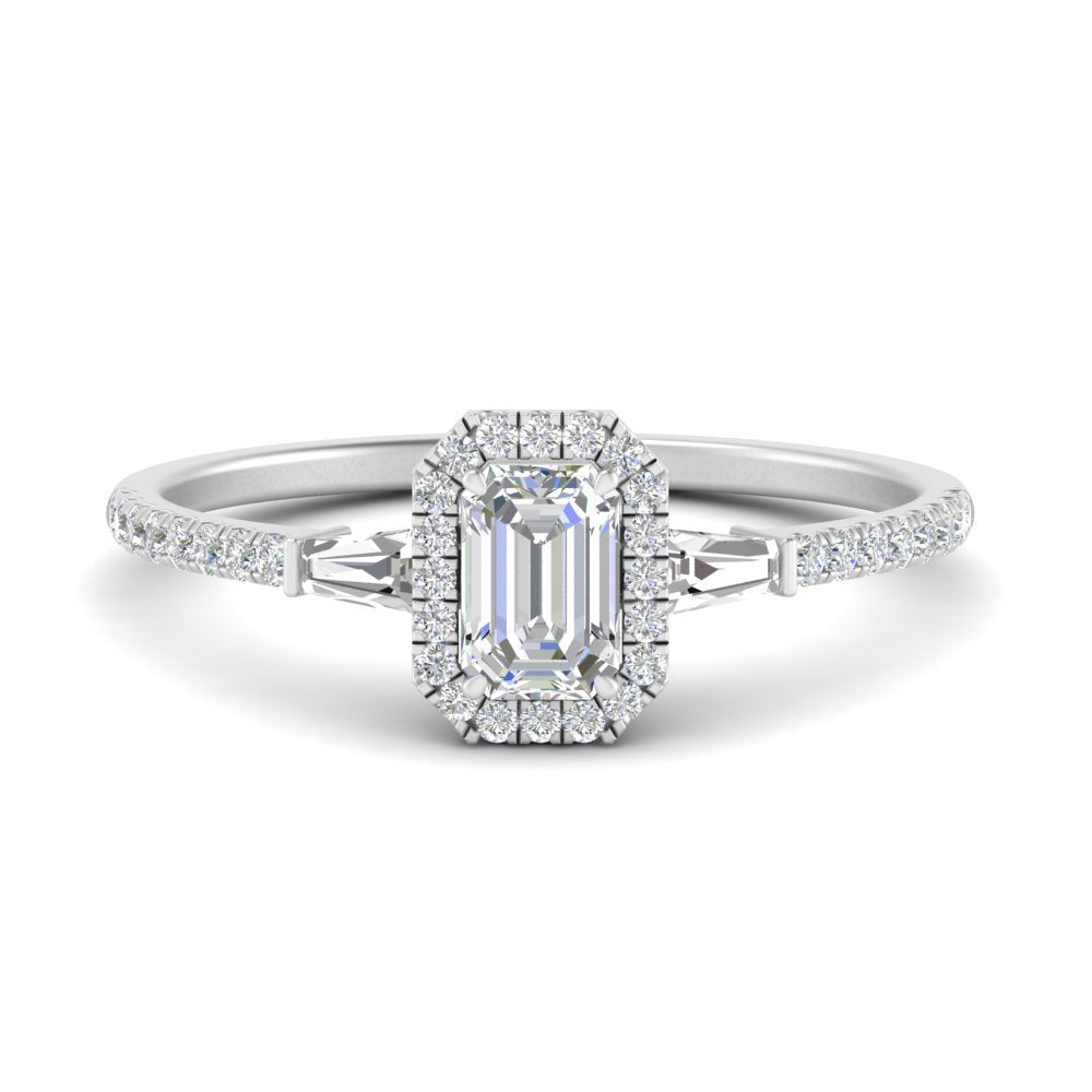 IGI Certified Halo Accented Baguette Lab Grown Diamond Women Engagement Ring In 14K White Gold | Cuts & Carat
