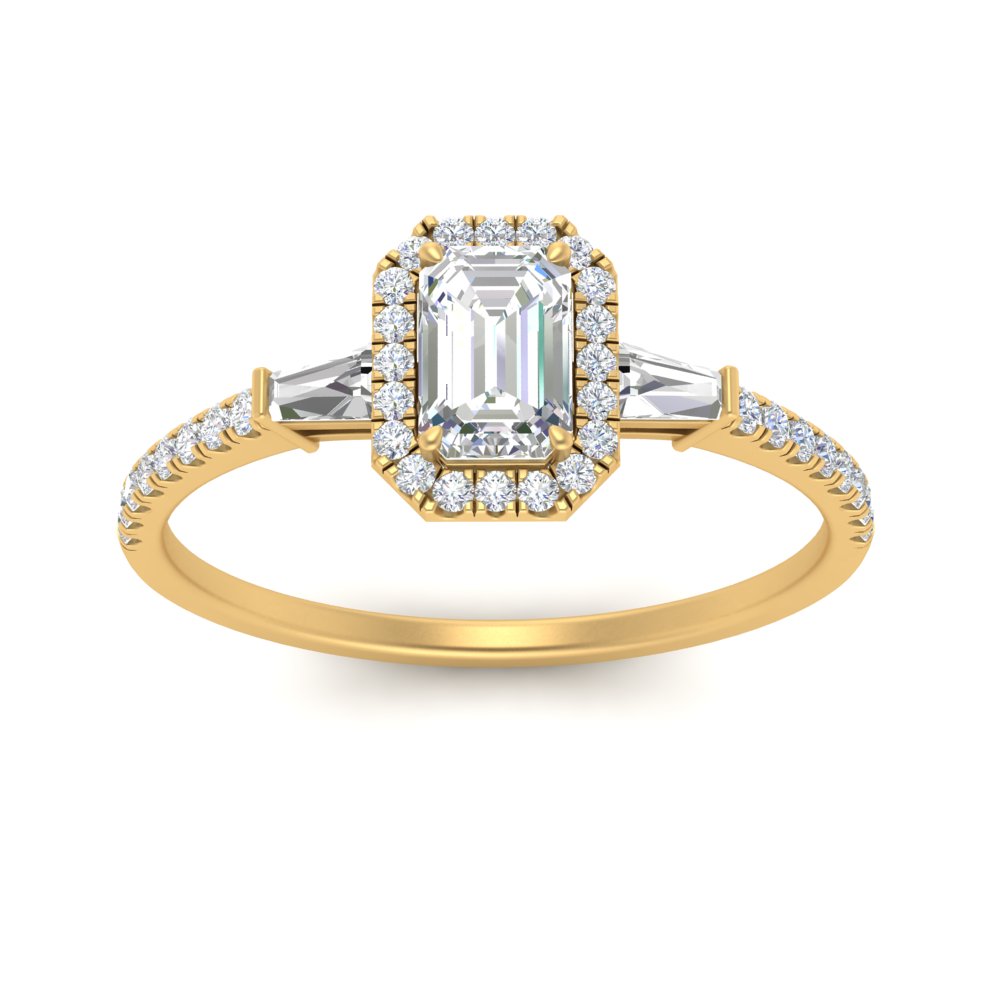 IGI Certified Halo Accented Baguette Lab Grown Diamond Women Engagement Ring In 14K Yellow Gold | Cuts & Carat