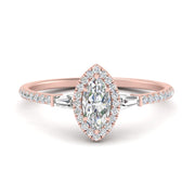IGI Certified Halo Accented Baguette Lab Grown Diamond Women Engagement Ring In 14K Rose Gold | Cuts & Carat